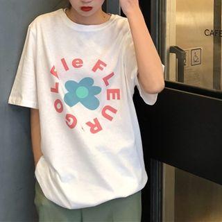 Flower Print Elbow-sleeve T-shirt White - One Size