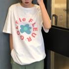 Flower Print Elbow-sleeve T-shirt White - One Size