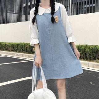 3/4-sleeve Peter Pan Collar Shirt / A-line Mini Pinafore Dress
