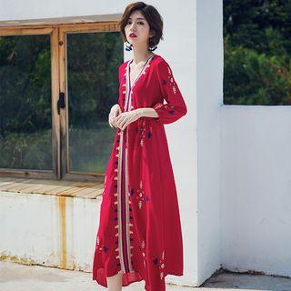 3/4-sleeve Embroidered Tie-waist A-line Midi Dress