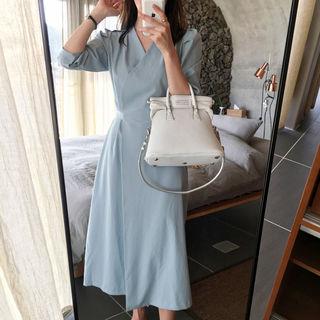 Shirred-trim Wrap-front Midi Dress