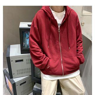 Plain Long-sleeve Hooded Zipped Jacket