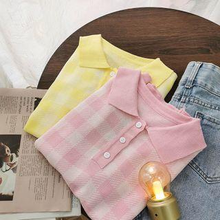 Plaid Polo-neck Short-sleeve Knit Top