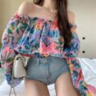 Long-sleeve Off-shoulder Floral Print Top As Figure - One Size