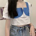 Denim Panel Short-sleeve Blouse