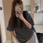 Elbow-sleeve Striped T-shirt Black & White - One Size