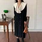 Long-sleeve Double Breasted Midi A-line Dress Black - One Size