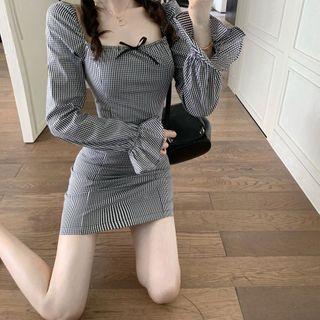 Plaid Bell-sleeve Mini Sheath Dress