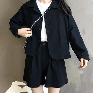 Set: Plain Buttoned Jacket + Wide-leg Shorts Black - One Size