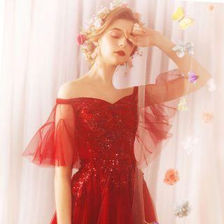 Off-shoulder Embellished Mesh A-line Wedding Gown