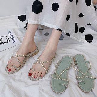 Block Heel Faux Pearl Toe Loop Sandals