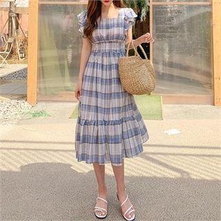Ruffle-sleeve Plaid Dress Blue - One Size