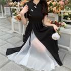 Short-sleeve Chiffon Panel Midi A-line Qipao Dress