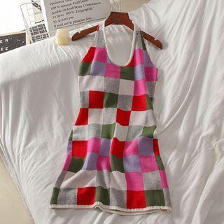 Halter Checkered Mini Sheath Dress
