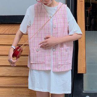 Elbow-sleeve Plain Crew-neck Loose-fit Mini Dress/sleeveless Plaid V-neck Button-up Waistcoat