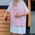 Elbow-sleeve Plain Crew-neck Loose-fit Mini Dress/sleeveless Plaid V-neck Button-up Waistcoat