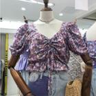 Floral Drawstring Short-sleeve Cropped Blouse Purple - One Size