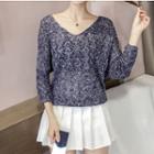 Batwing-sleeve V-neck Pointelle Knit Sweater