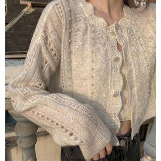 Faux Pearl Pointelle Knit Cropped Cardigan