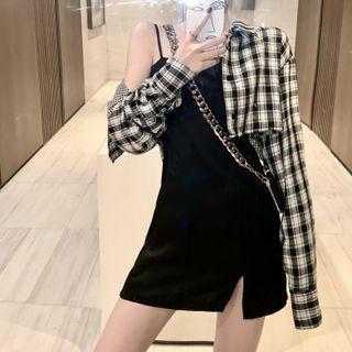 Cropped Plaid Shirt Jacket / Spaghetti Strap Mini Sheath Dress