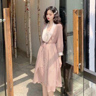 3/4-sleeve Dotted Midi A-line Chiffon Dress As Shown In Figure - One Size