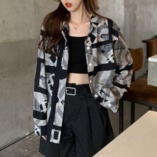 Long-sleeve Print Open-collar Shirt Gray - One Size