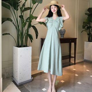Plain Ruffle Pleated A-line Dress