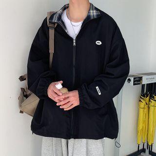 Reversible Plaid Lettering Patch Zip Jacket