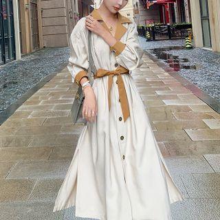 Long Sleeve Contrast Trim Midi Shirtdress