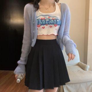 Halter-neck Print Crop Tank Top / Plain Cardigan / Pleated Mini A-line Skirt