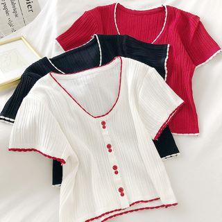 U-neck Contrast Trim Short-sleeve Top