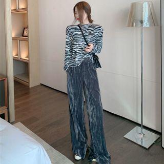 Zebra-print Velvet Loose Top / Velvet Wide-leg Pants