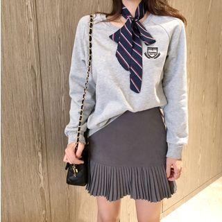 Embroidered Long-sleeve Pullover + Scarf / Plain Pleated Skirt