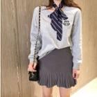 Embroidered Long-sleeve Pullover + Scarf / Plain Pleated Skirt