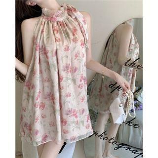 Floral Print A-line Halter Mini Dress Almond - One Size