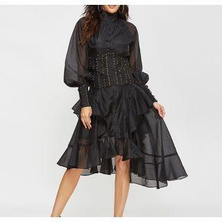 Printed Long-sleeve Layered Midi A-line Dress