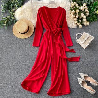Long-sleeve Tie-waist Wide Leg Jumpsuit