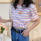 Strawberry Embroidered Short-sleeve Striped T-shirt