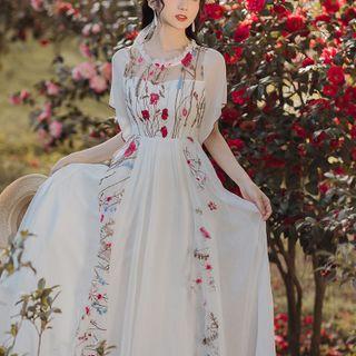 Short-sleeve Floral Panel Midi A-line Dress
