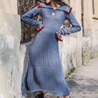 Knitted Long-sleeve A-line Midi Dress Blue - One Size