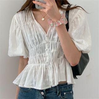 Balloon-sleeve Smocked Blouse White - One Size