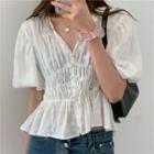 Balloon-sleeve Smocked Blouse White - One Size
