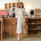 Puff-sleeve Shirred Maxi Dotted Dress
