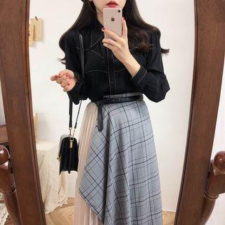 Plain Shirt / Plaid Panel Midi Skirt