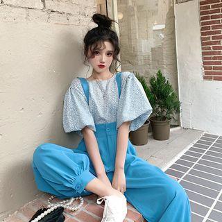 Puff-sleeve Blouse / Suspender Pants