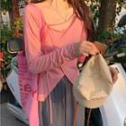 Lace-up Long-sleeve Top / High-waist Slit Pants