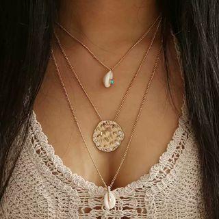 Rhinestone Disc Shell Pendant Layered Necklace As Shown In Figure - One Size
