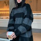 Striped High-neck Split Sweater Stripe - One Size
