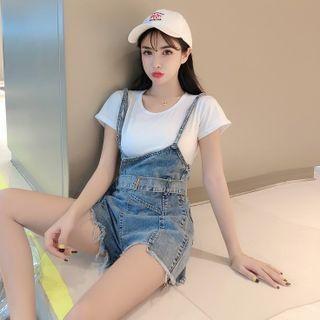 Set: Short-sleeve T-shirt + Spaghetti Strap Denim Jumpsuit