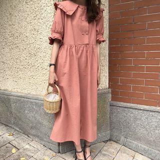 Short-sleeve Collared A-line Midi Dress